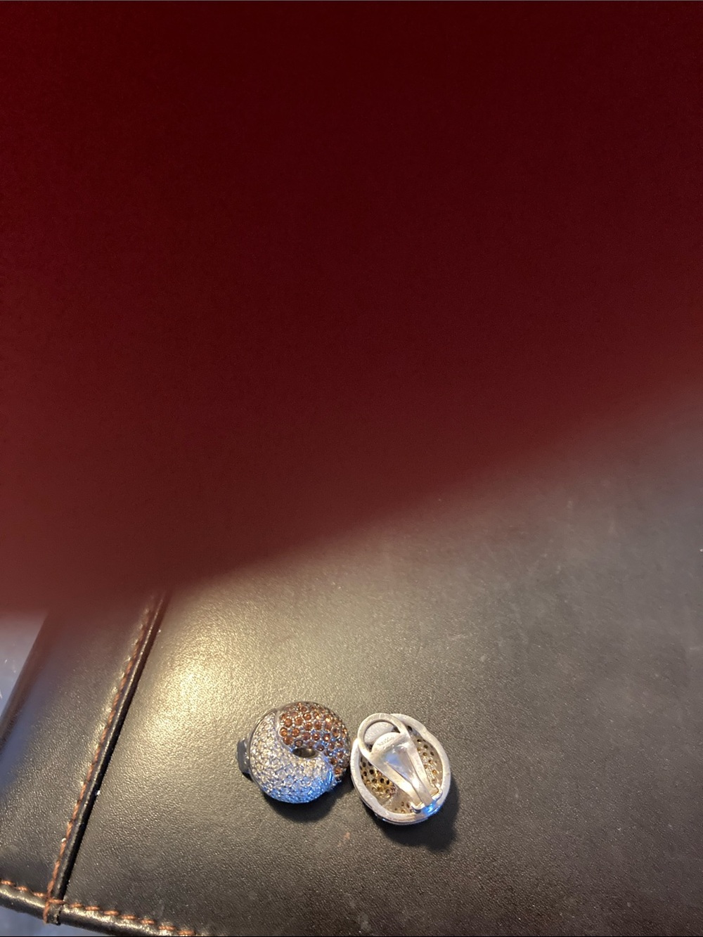 Pave Two-Tone Round Stud Earrings - Silver & Brown - Picture 2 of 2